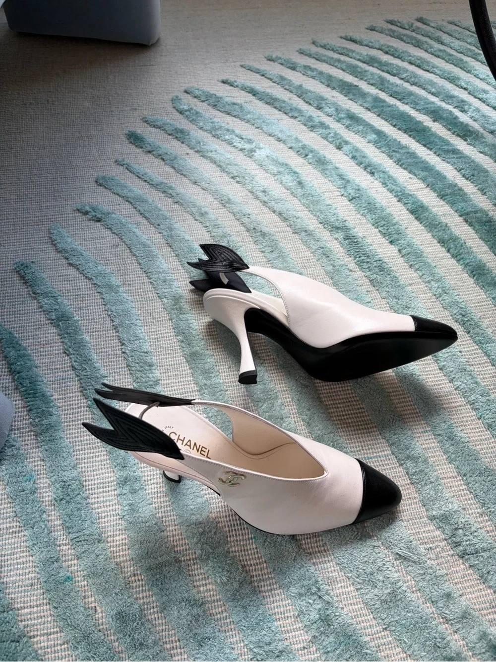 26A  Chanel Slingback  with Wings Lambskin  White & Black Size 38.5 New/receipt